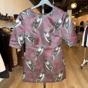 Lyn Devon Silk Maroon Leaf & Ostrich Feather Detail Tshirt Sleeve Crew Neck Top